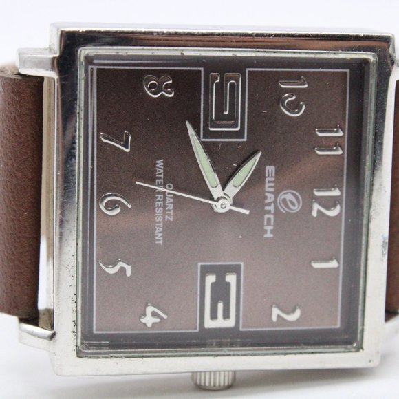 Ewatch Mens Watch Silver Tone Stainless Steel Classic Brown Leather Band - Picture 6 of 8